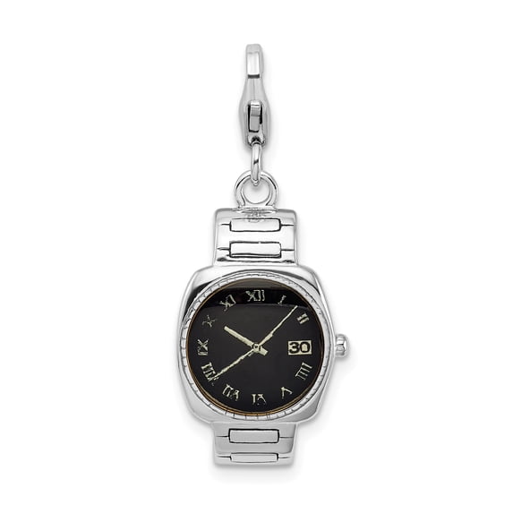Sterling Silver Watch Charm Pendant with Black Dial, Roman Numerals, Date Window, Lobster Clasp for Women or Unisex Bracelets or Necklaces, Symbolic Timepiece Jewelry
