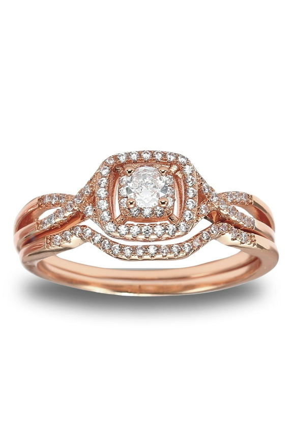 Wedding Ring Set for Women Halo CZ Sterling Silver Engagement Ring and Matching Band Ginger Lyne Collection