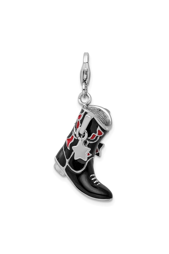 Sterling Silver Western Cowboy Boot Charm with Black and Red Enamel, Hanging Star Pendant for Women or Unisex, Americana Rodeo Style for Necklace or Bracelet