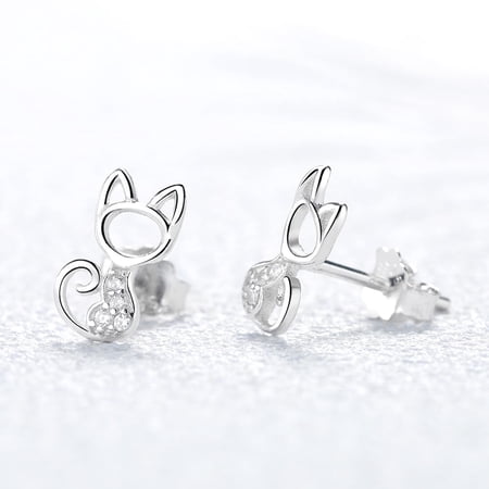 Sterling Silver Whimsical Cat Earrings with Crystals
