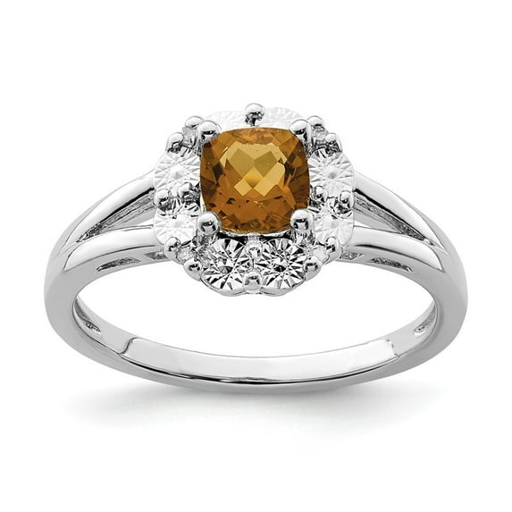 Sterling Silver Whiskey Quartz Diamond Ring - .01 dwt .52 cwt - Size 8 - Measures 2mm Wide