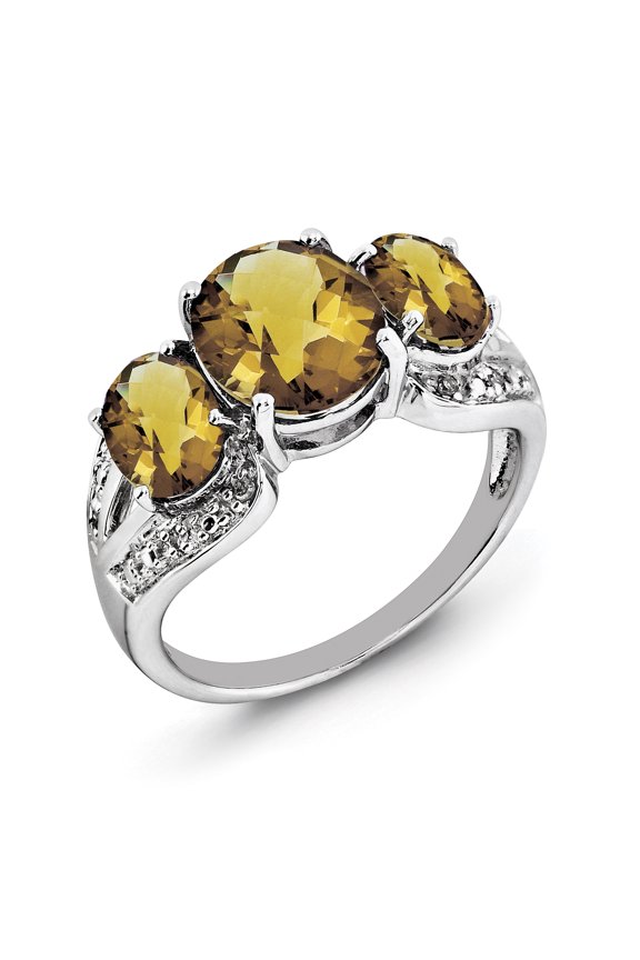 Sterling Silver Rhodium Checker-Cut Whiskey Quartz & Diam. Ring QR3184WQ