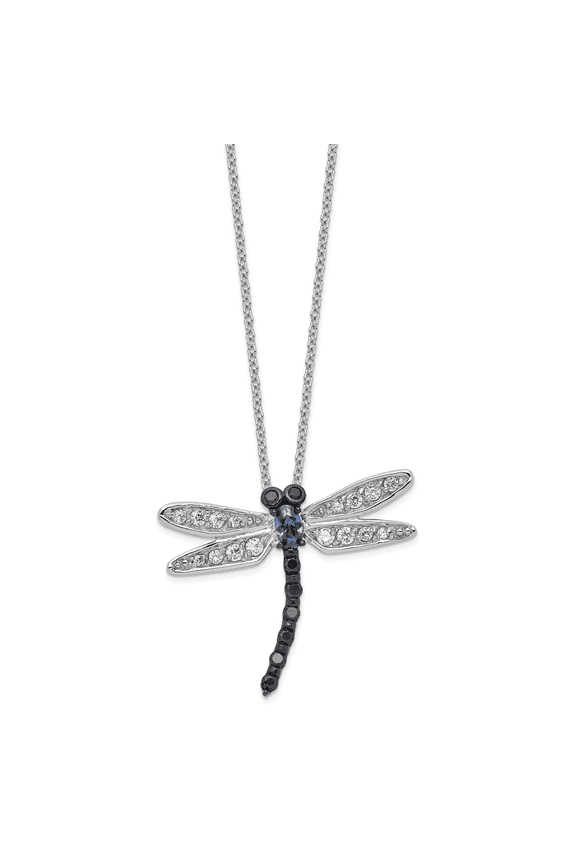 Sterling Silver White, Black & Blue CZ Dragonfly Necklace