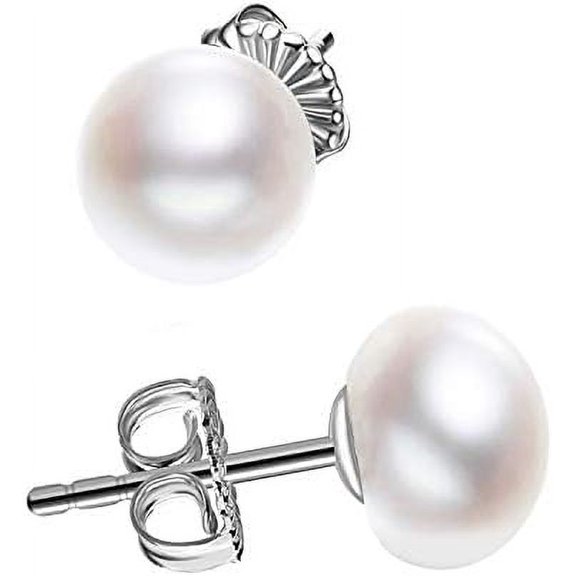 Sterling Silver White Button Freshwater Cultured Pearl Stud Earrings For Women Gift[Z4205]