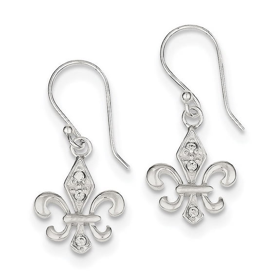 Sterling Silver White Cubic Zirconia Accented Fleur De Lis Dangle Earrings - Measures 30x14mm Wide