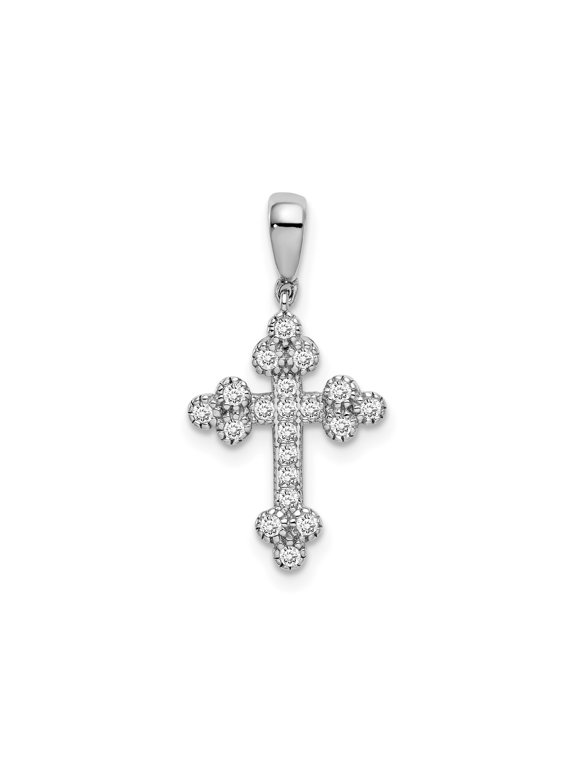 Sterling Silver and White Gold Cross Pendant Necklace for Men and Women with CZ Accents Modern Trefoil Design Religious Budded Spiritual Jewelry Statement Charm