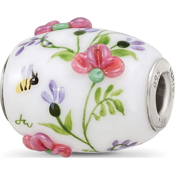 Sterling Silver White Hand Painted Floral Fenton Glass Bead Made In United States qrs3651