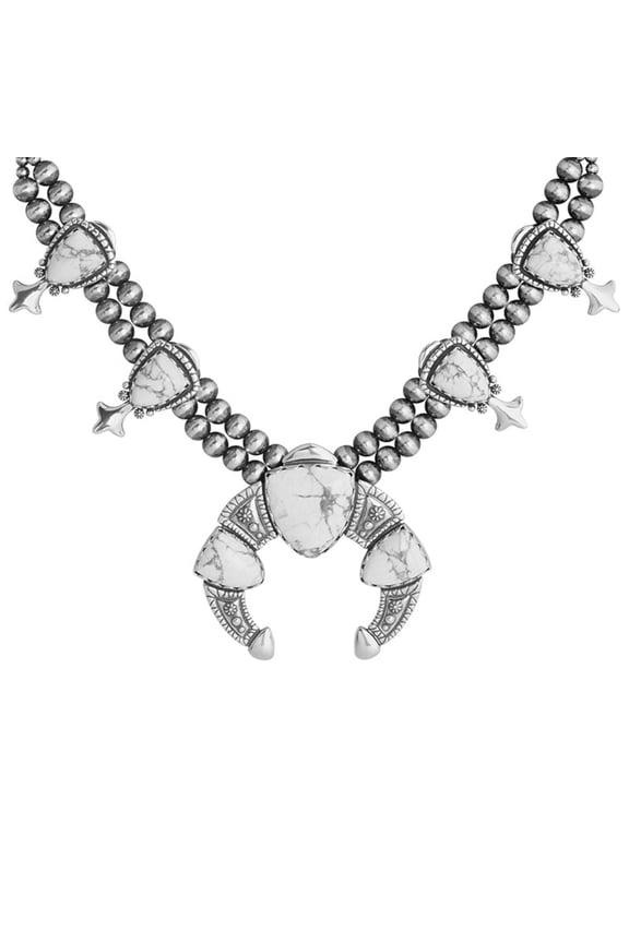 Sterling Silver White Howlite Arrowhead Squash Blossom Statement Necklace, 18 to 21 Inches