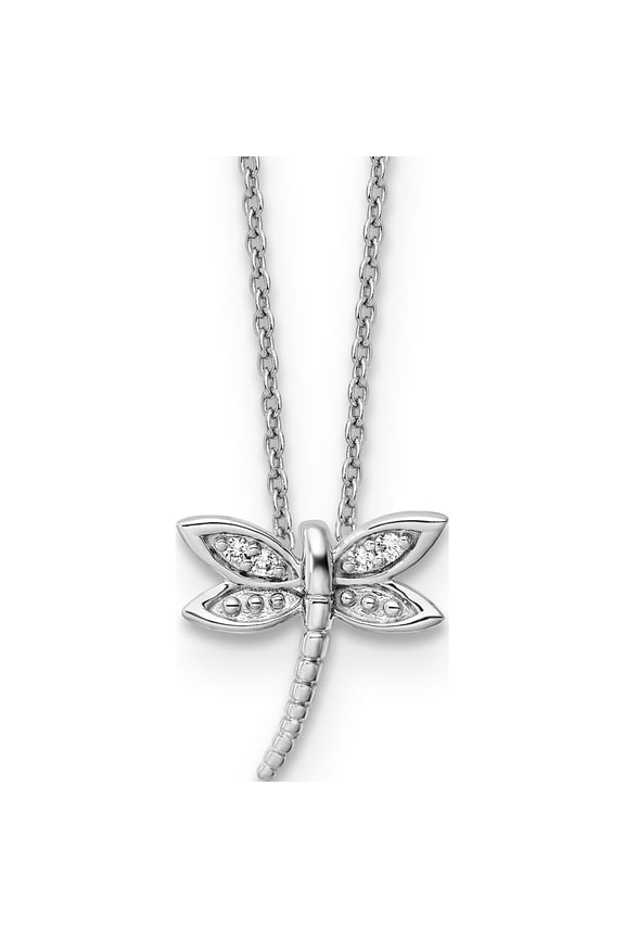 Sterling Silver White Ice Rhodium-Plated 18 Inch Diamond Dragonfly Necklace With 2 Extender (Width 13.5) (Length 20) - Jbsp