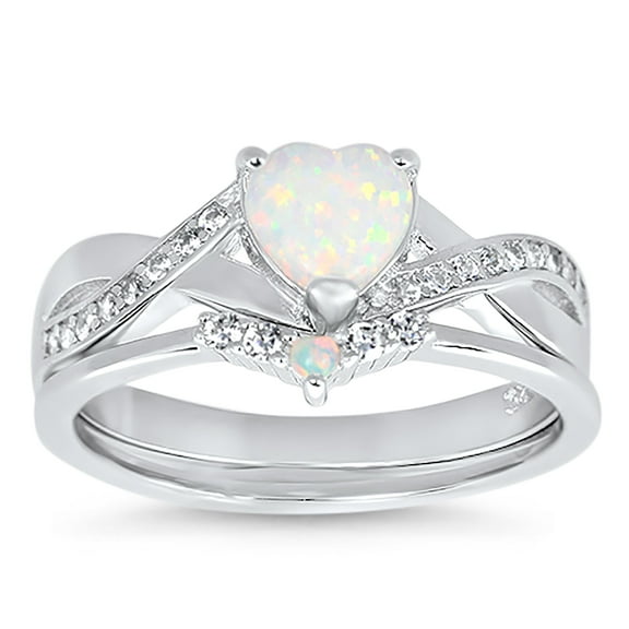 Sterling Silver White Opal Heart Cut Wedding & Engagement Ring Set for Women Size 9