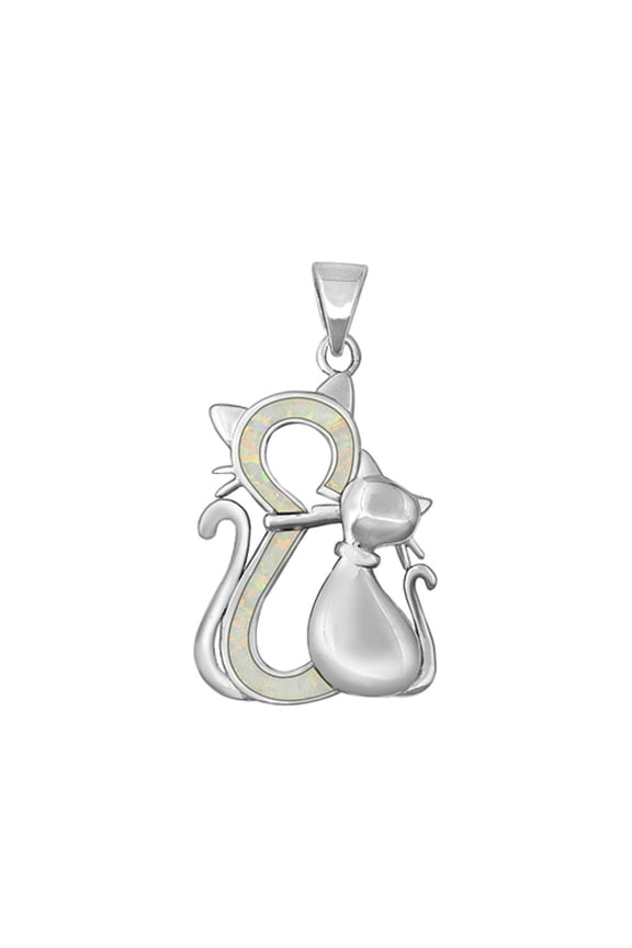 Sterling Silver White Simulated Opal Cat Pendant Kitten Charm 925 New Jewelry Female Unisex