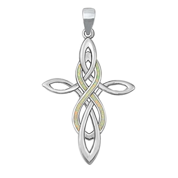 Sterling Silver White Simulated Opal Celtic Cross Pendant Infinity Charm Jewelry Female Unisex