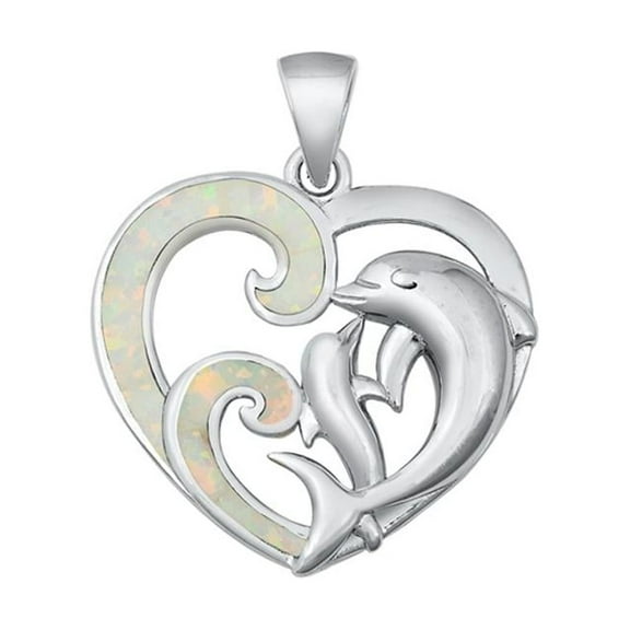 Sterling Silver White Simulated Opal Dolphin Pendant Animal Heart Love Charm 925 Jewelry Female