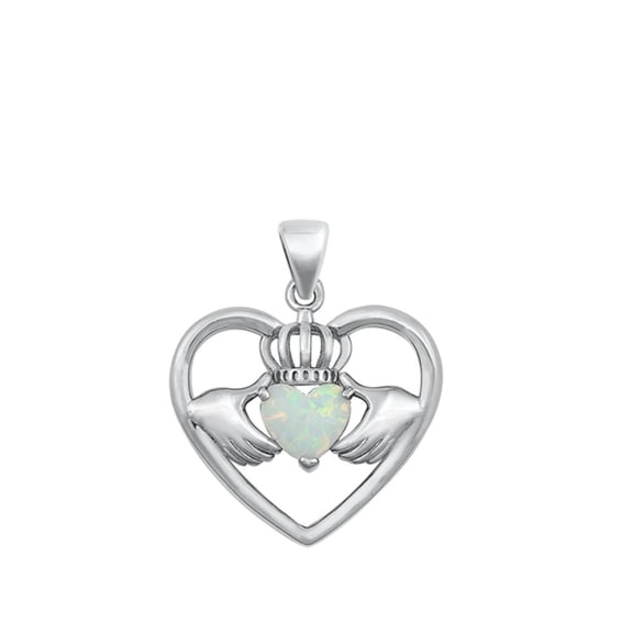 Sterling Silver White Simulated Opal Heart Claddagh Pendant Love Charm Jewelry Female Unisex