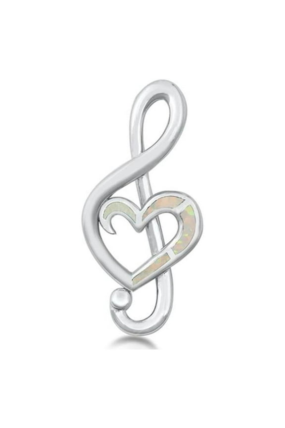 Sterling Silver White Simulated Opal Heart Music Note Pendant Treble Clef Charm Jewelry Female