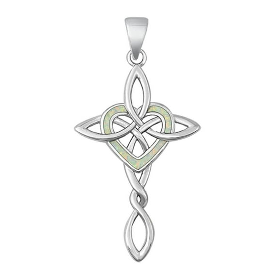 Sterling Silver White Simulated Opal Heart Pendant Celtic Cross Charm 925 Jewelry Female Unisex