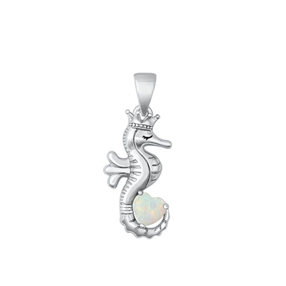 Sterling Silver White Simulated Opal Heart Pendant Seahorse Charm 925 Jewelry Female Unisex