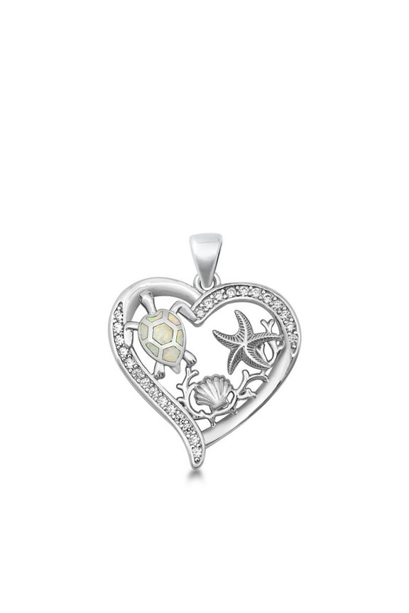 Sterling Silver White Simulated Opal Heart Pendant Turtle Simulated Abalone Sea Charm Jewelry Female