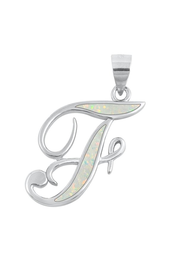 Sterling Silver White Simulated Opal Initial "F" Pendant Script Charm Jewelry Female Unisex