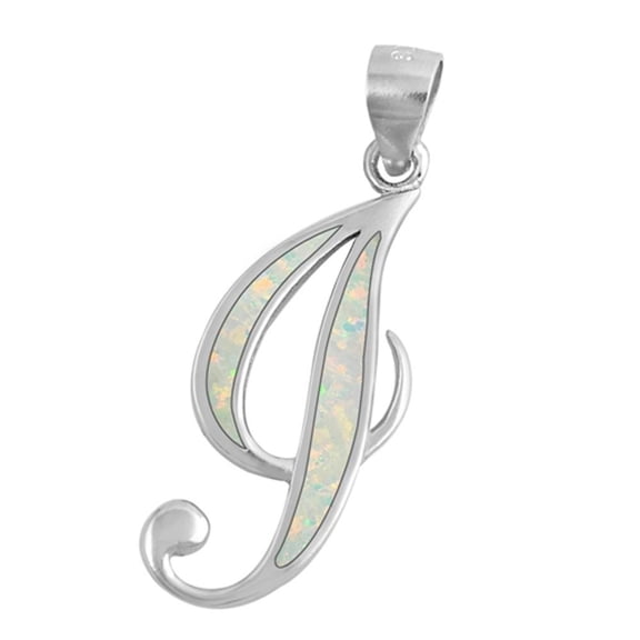 Sterling Silver White Simulated Opal Initial "I" Pendant Script Charm 925 Jewelry Female Unisex