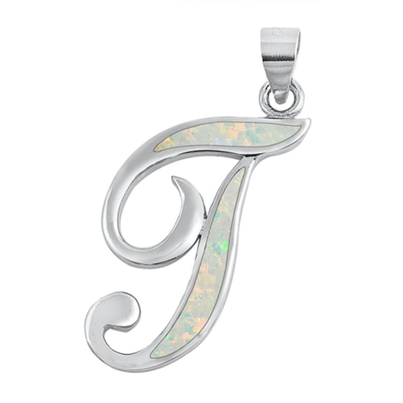 Sterling Silver White Simulated Opal Initial "T" Pendant Script Charm Jewelry Female Unisex