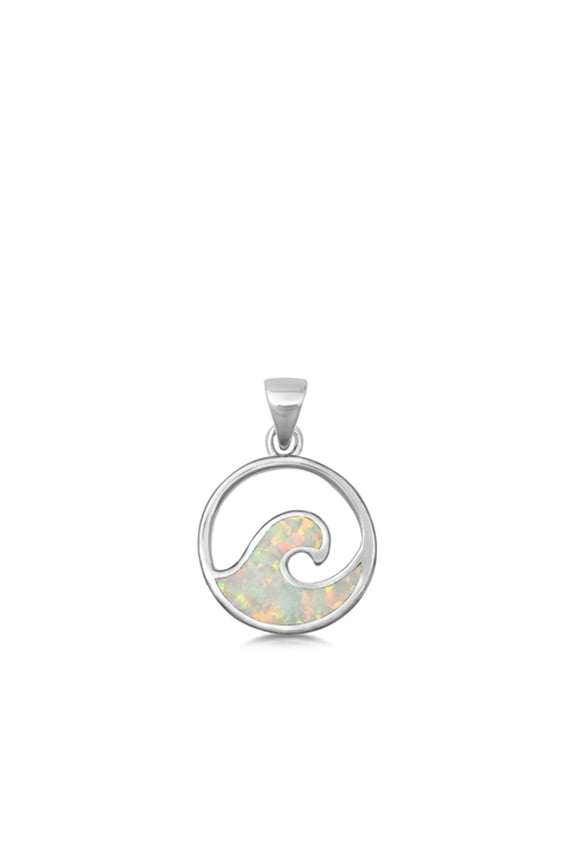 Sterling Silver White Simulated Opal Ocean Wave Pendant Round Circle Charm 925 Jewelry Female Unisex