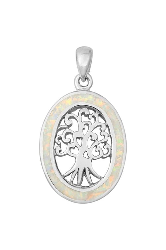 Sterling Silver White Simulated Opal Oval Tree of Life Pendant Swirl Charm 925 Jewelry Female Unisex