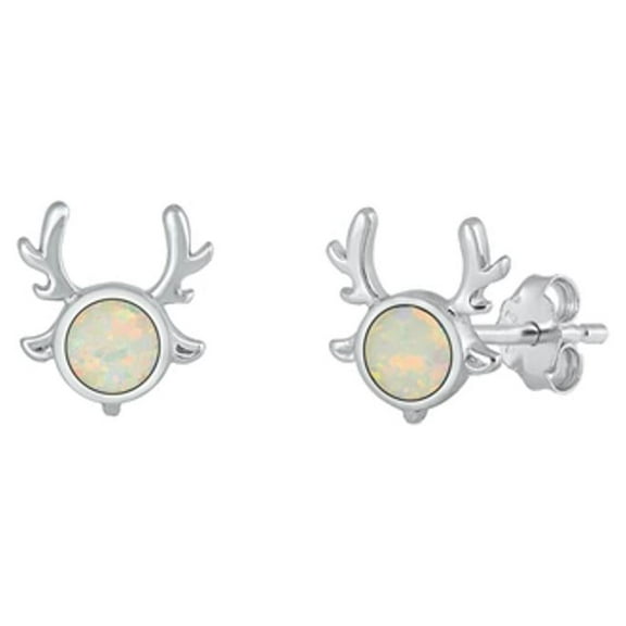 Sterling Silver White Simulated Opal Reindeer Christmas Earrings 925 Jewelry Female Unisex