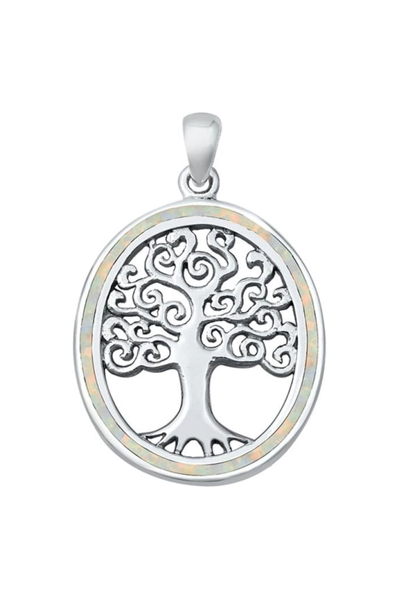 Sterling Silver White Simulated Opal Tree of Life Pendant Oval Medallion Charm Jewelry Female Unisex