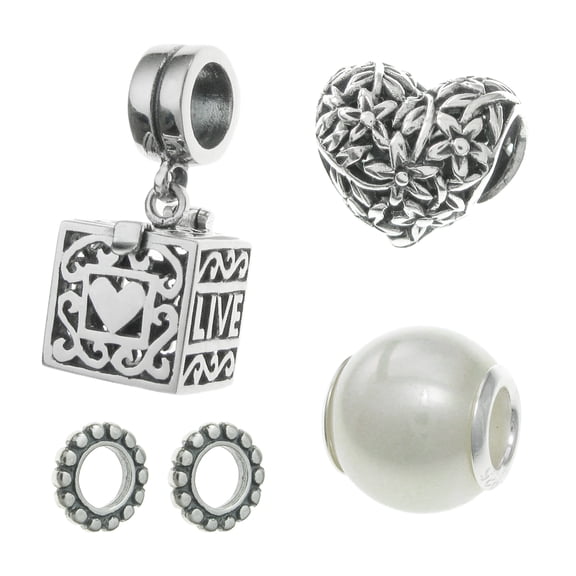 Sterling Silver White Simulated Pearl Memory Locket Leaft Flower Heart Bead Charm Sets for European Charm Bracelets