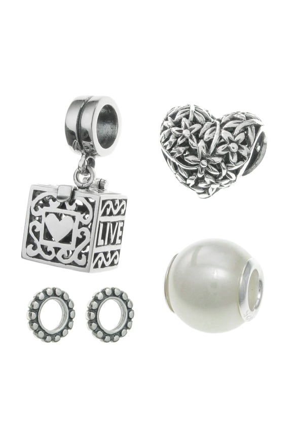 Sterling Silver White Simulated Pearl Memory Locket Leaft Flower Heart Bead Charm Sets for European Charm Bracelets