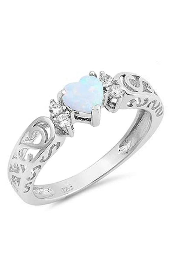 Sterling Silver White Synthetic Opal CZ Heart Filigree Swirl Ring Size 9