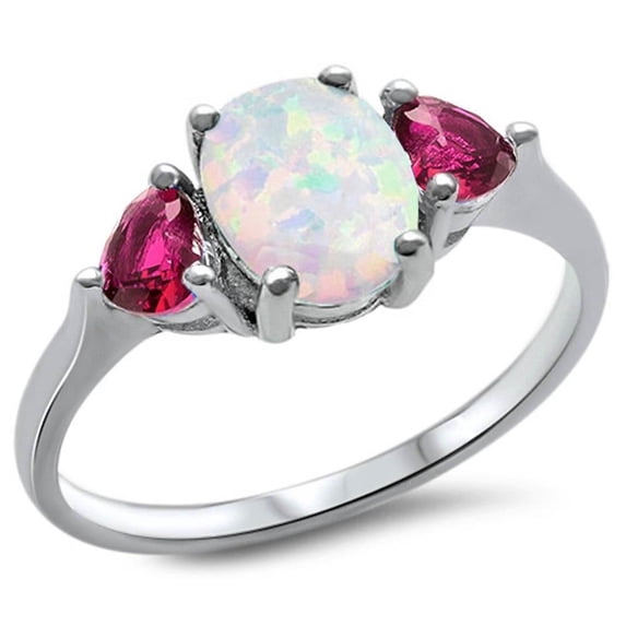 Sterling Silver White Synthetic Opal & Red CZ Heart Ring Size 4