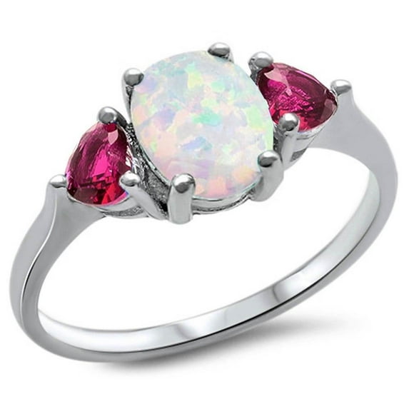 Sterling Silver White Synthetic Opal & Red CZ Heart Ring Size 6
