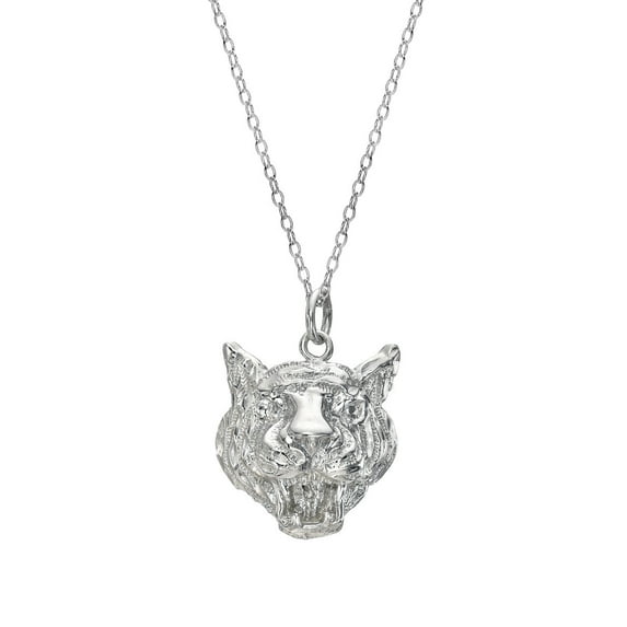 Sterling Silver White Tiger Face Pendant Necklace, 18"