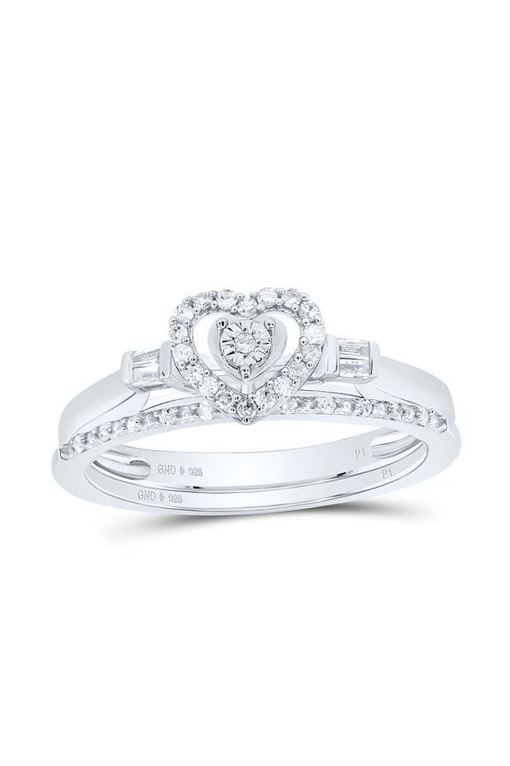 Sterling Silver White-Tone 1/5 Ctw Natural Diamond Heart Bridal Set, Size 5