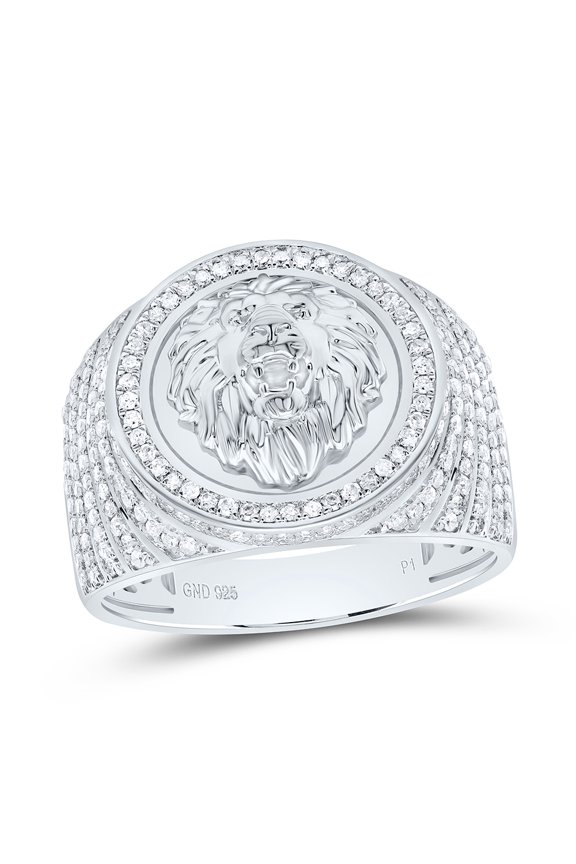 Sterling Silver White-Tone 7/8 Ctw Natural Diamond Lion Face Mens Ring, Size 9
