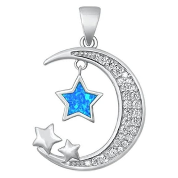 Sterling Silver Wholesale Blue Simulated Opal Clear CZ Pendant Moon Stars Charm Jewelry Female