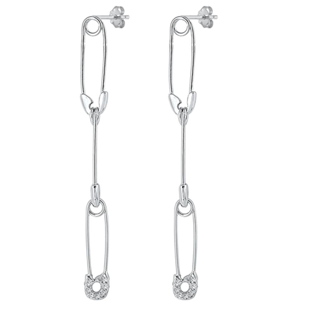 Sterling Silver Wholesale Clear Cubic Zirconia Safety Pin Dangle Earrings .925 New Jewelry Female