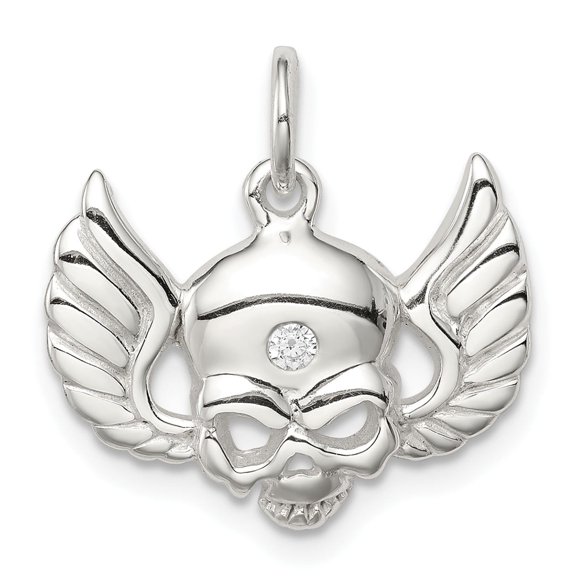 Sterling Silver Winged Skull Pendant with Clear Gemstone for Men or Unisex, Gothic Biker Style Symbolic Jewelry for Alternative Fashion and Motorcycle Chains