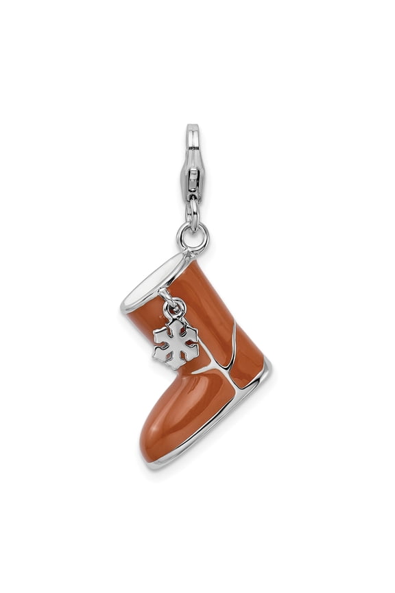Sterling Silver Winter Boot Charm with Brown Enamel and Snowflake for Women, Festive Pendant for Bracelet or Necklace, Seasonal Holiday Jewelry Accessory