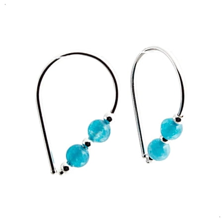 Sterling Silver Huggie Hoop Drop Earrings – Teardrop Horseshoe Arc Hook with 2 Aquamarine Beads, Hypoallergenic
