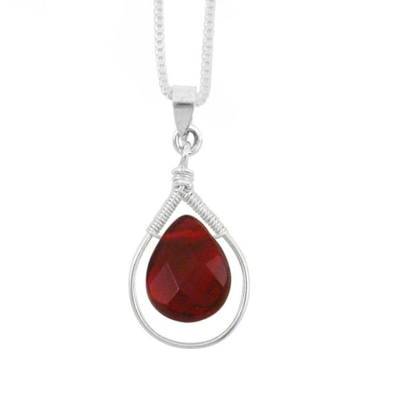 Sterling Silver Wire-Wrapped Crystal Teardrop Necklace, Red, 18 Inch