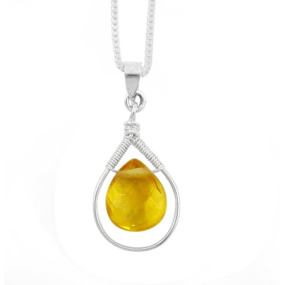 Sterling Silver Wire-wrapped Crystal Teardrop Necklace, Yellow, 20 Inch