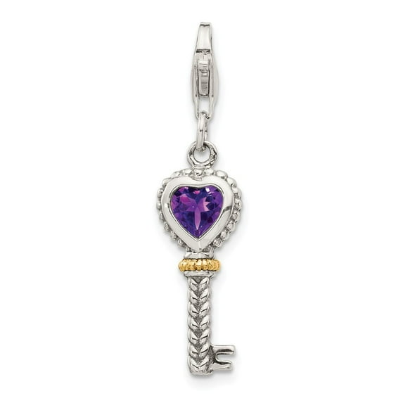 Sterling Silver With 14k Amethyst Antiqued Key W Lobster Clasp Charm - .38 cwt - Measures 31x8mm