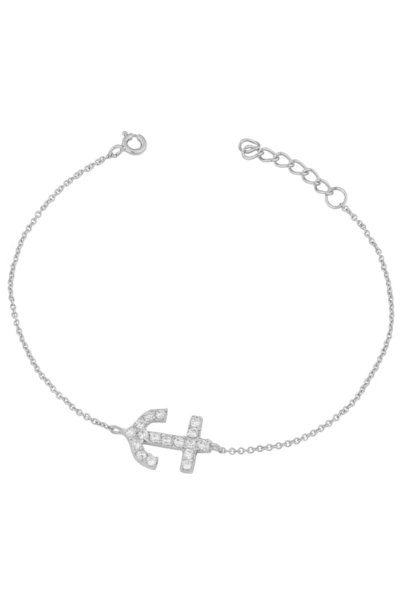 Sterling Silver with Cubic Zirconia Adjustable Anchor Bracelet