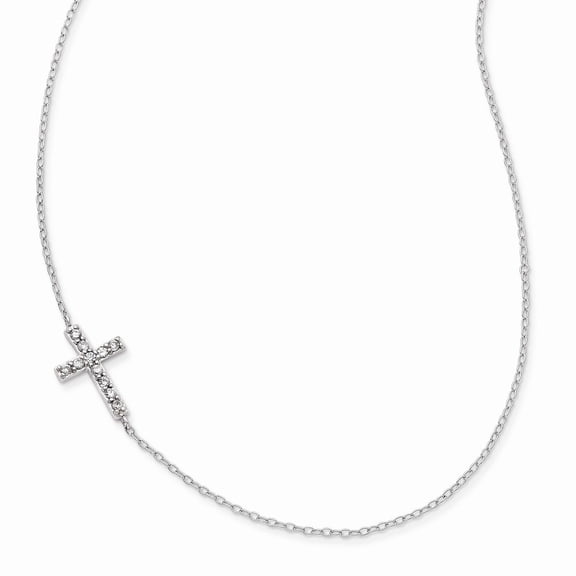 Sterling Silver With Cubic Zirconia Offset Sideways Cross With 2 In Ext Necklace - 16 Inch - Measures 9.6mm Wide