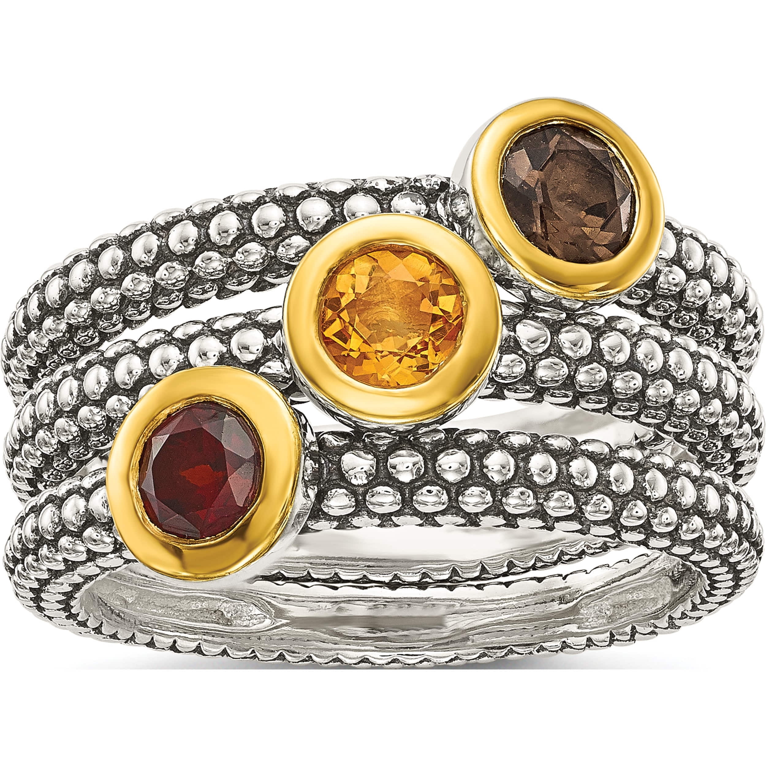 Sterling Silver Set of 3 Flash Gold Garnet, Citrine & Smoky Quartz Stackable Rings Sterling Silver Set of 3 Flash Gold Garnet, Citrine & Smoky Quartz Stackable Rings