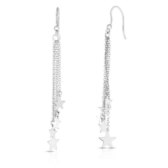 Sterling Silver With Rhodium Finish 13x38mm Shiny Drop Star Earrings With Euro Wire Clasp