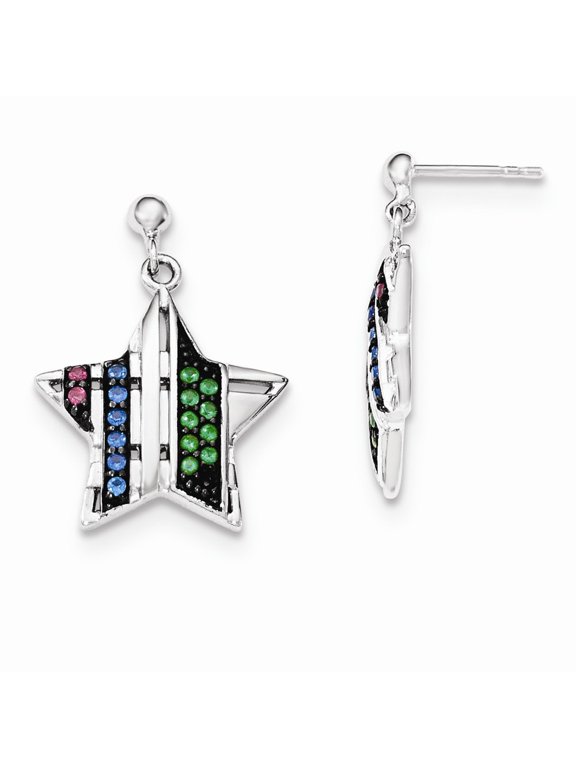 Sterling Silver With Simulated Stones Star Dangle Post Earrings - Measures 24x19mm Wide
